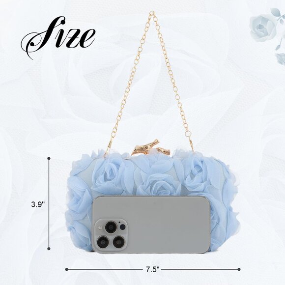 Blue Women's Mesh Lace Floral Clutch Purse Elegant Evening Bag with Chain - Picture 2 of 6